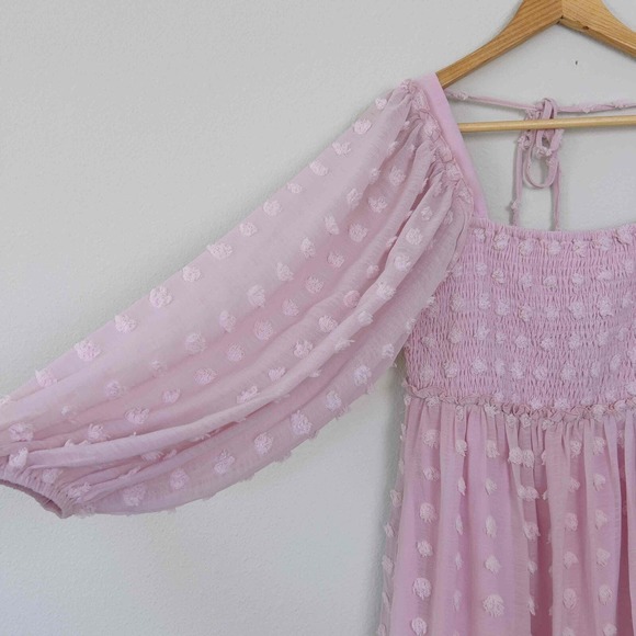 Listicle Medium Sheer Long Sleeve Square Neckline Smocked Bodice Polka Dot Pink - Picture 5 of 12